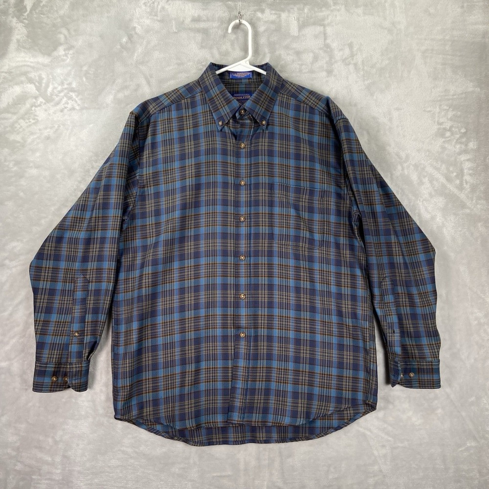 Sir Pendleton Shirt Mens Large Flannel Button Down Virgin Wool Plaid Blue Casual